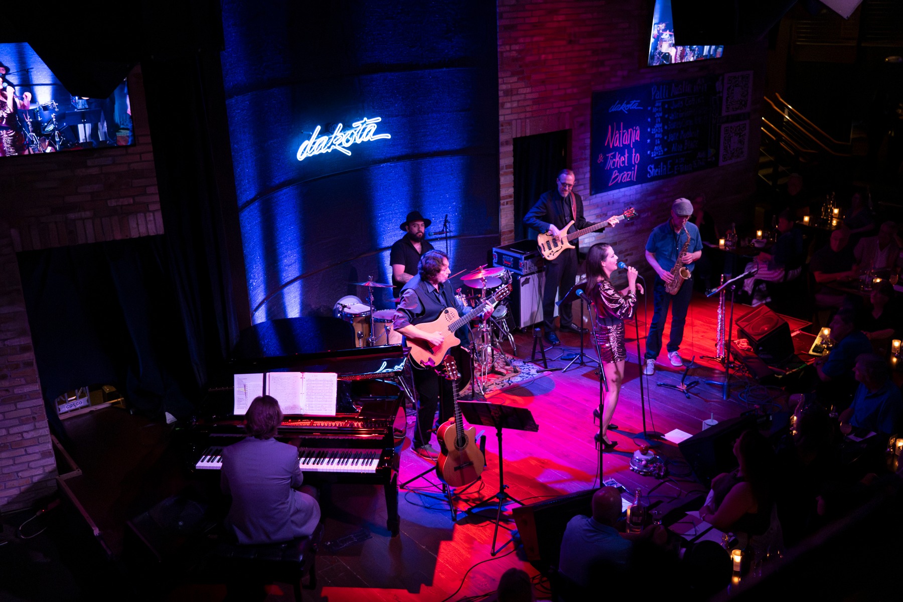 Natania & Ticket to Brasil on stage at the Dakota, Matt Senjem on five-string bass